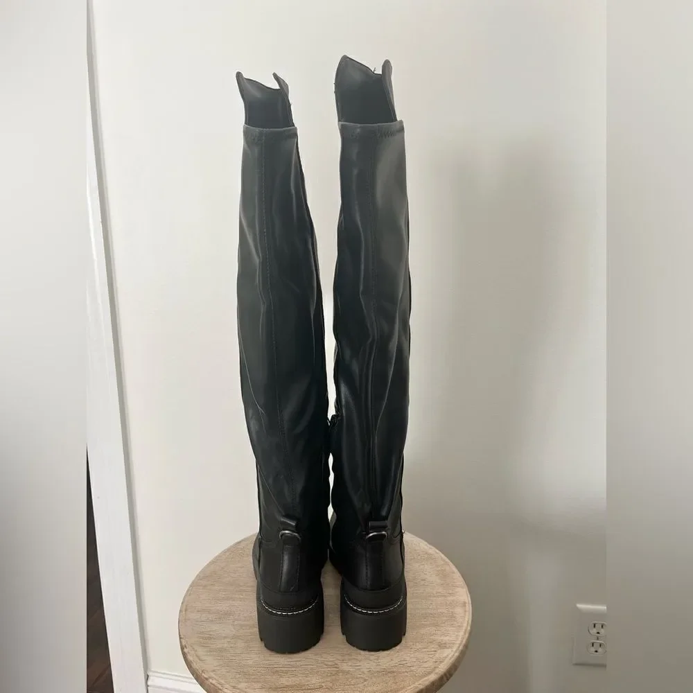 Sam Edelman Lerue Over The Knee Stretch Side Zip Lug Combat Boots Black NWOB